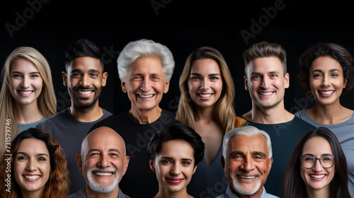 Group of smiling people on black background. Multiethnic group of people. Headshots