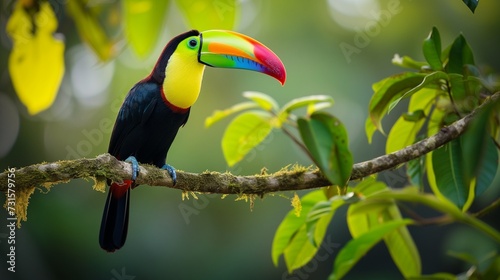 Within the rich biodiversity of a tropical reserve in Costa Rica  a keel-billed toucan perches gracefully on a vibrant branch. 