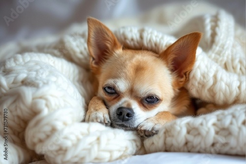 Small chihuahua dog looking at camera and licking his paw lying on a white pillow under a blanket