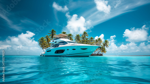 A luxury yacht anchored near a tropical island with palm trees under a blue sky. Ai generative