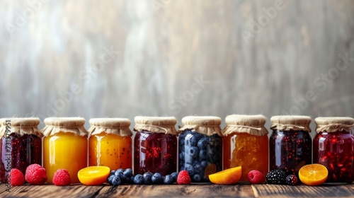 Minimalist backdrops adorned with jars of vibrant fruit jams