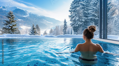 A woman enjoys a hot pool at a winter spa retreat, surrounded by snow-covered mountains and trees with steam rising from the water. Ai generative