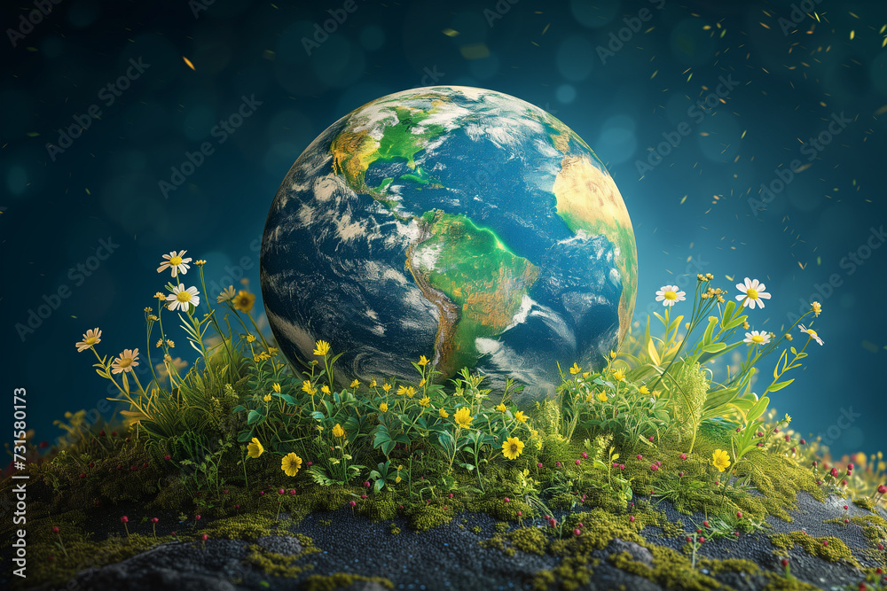 A cute globe on the ground with grass against a blurred abstract backdrop A cute globe on the ground with grass against a blurred abstract backdrop