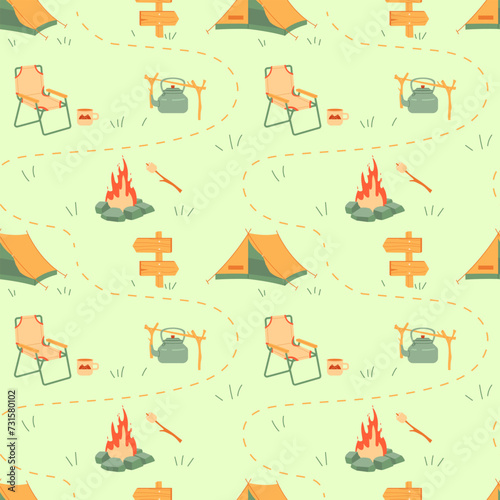 Camping seamless pattern on green background. Tent, fire, rest