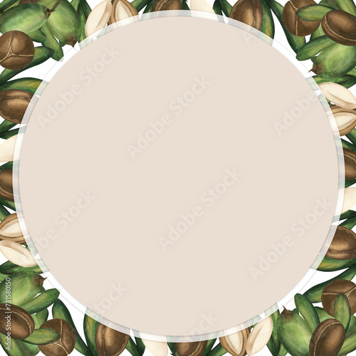 Watercolor illustration of an argan nut. A hand-drawn sketch of an oriental argan tree nut on an isolated background. A frame made of a banner composition of ripe nuts and green leaves. Oil, body care