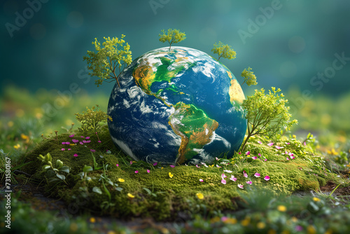 A cute globe on the ground with grass against a blurred abstract backdrop