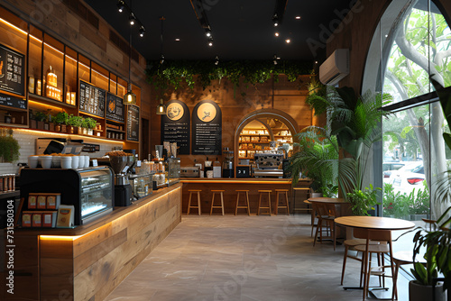 Business cafe, Empty coffee shop interior daytime with wooden design