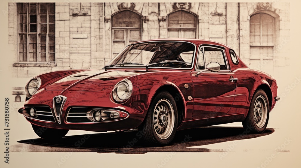 Retro sports car drawn with red pen sketchboard