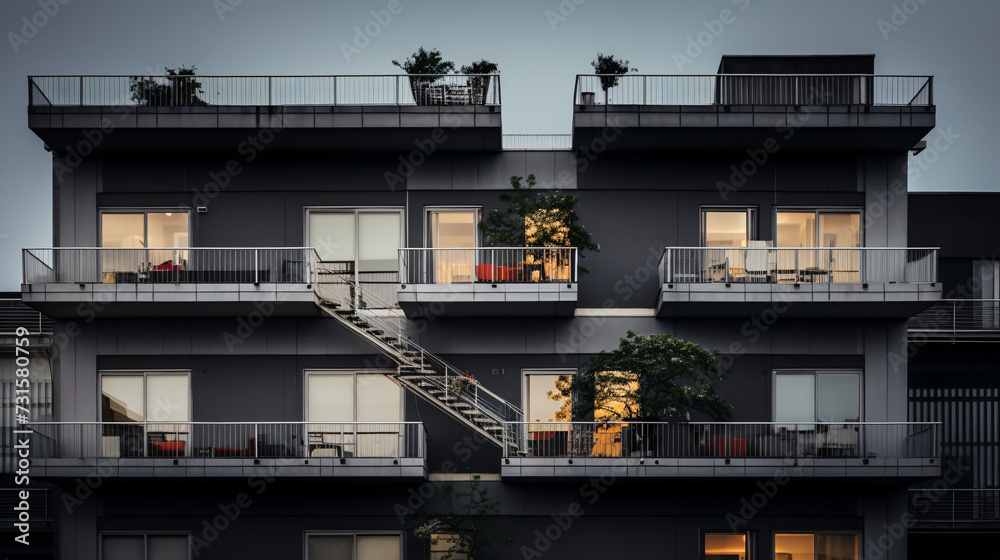 3D render of a modern apartment building with balconies and stairs