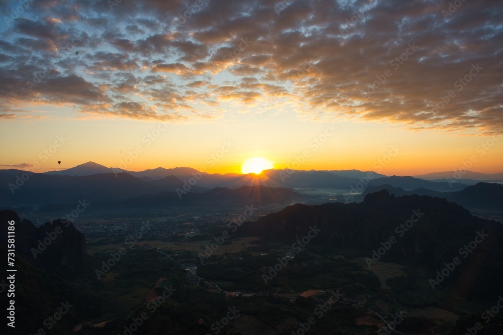 Sunrise View Point in Vang Vieng, Laos at Big Pha Ngern View Point Top. Sunning view early morning, view until Nam Ngum