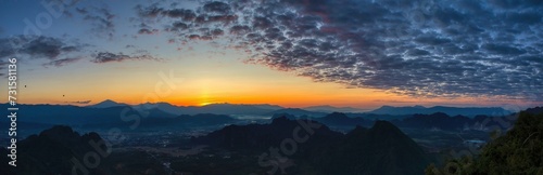 Panorama Picture at Sunrise View Point in Vang Vieng, Laos at Big Pha Ngern View Point Top. Sunning view early morning, view until Nam Ngum