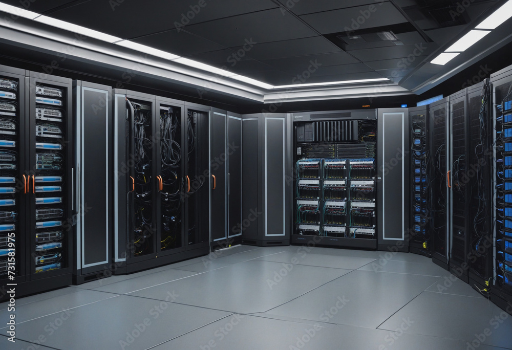 Super computer and quantum server rack in Data center control room. Super computer and quantum server rack in Data center control room.