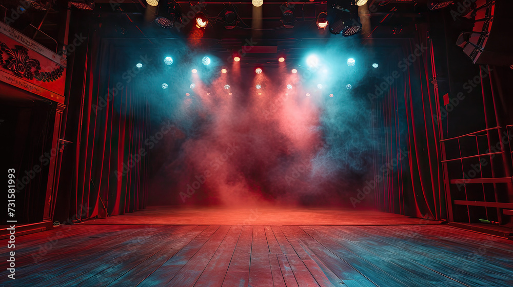Free stage with lights and smoke, Empty stage with red spotlights, conser, show, party, Presentation concept. dark red spotlight strike on black background. banner design