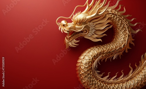 A golden Chinese dragon is coiled against a red background.