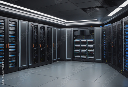 Super computer and quantum server rack in Data center control room. 