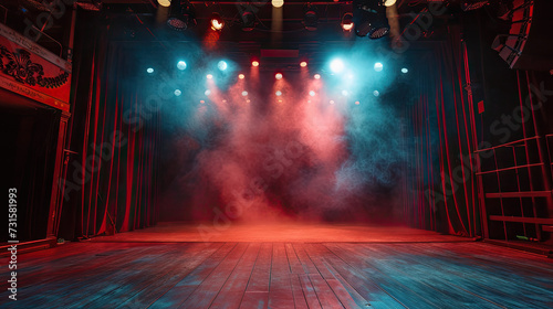Free stage with lights and smoke, Empty stage with red spotlights, conser, show, party, Presentation concept. dark red spotlight strike on black background. banner design © Planetz