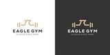 Creative Eagle GYM Logo. Hawk Eagle Head and Barbell Dumbbell with Minimalist Style. Eagle Fitness Logo Icon Symbol Vector Design Template. 