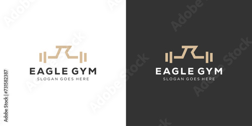 Creative Eagle GYM Logo. Hawk Eagle Head and Barbell Dumbbell with Minimalist Style. Eagle Fitness Logo Icon Symbol Vector Design Template. 