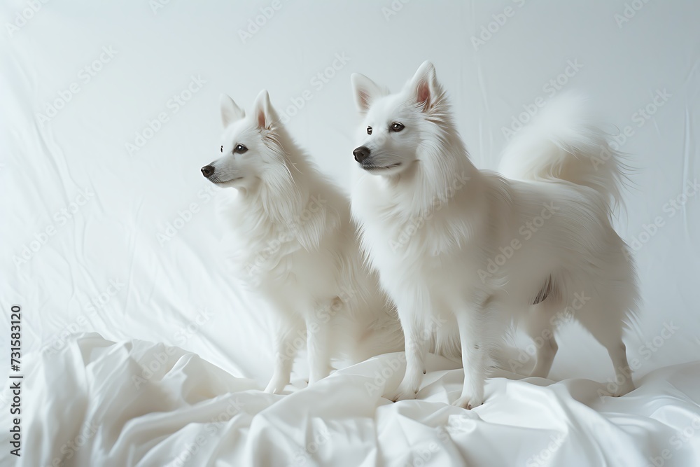 Two American Eskimo Dogs standing on white paper
