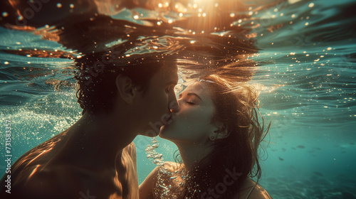 Aquatic Intimacy Young Couple Expressing Love in an Underwater Kiss