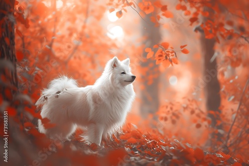 Cute American Eskimo Dog standing in fall forest photo