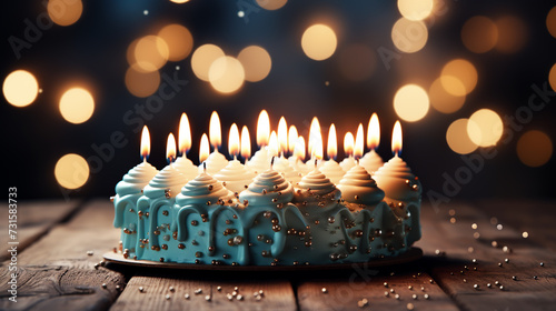 birthday cake with golden candles and balloons