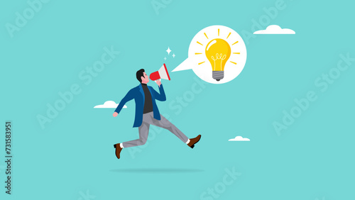 announce business idea, Business announcements and advertising way to promote products or services, strategy to achieve business success, businessman announcing business idea using megaphone