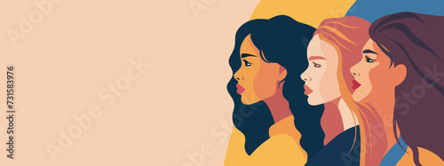  Vector horizontal banner of feminists, women of different cultures and nationalities stand side by side. Women's Day. Vector concept of movement for gender equality and women's empowerment