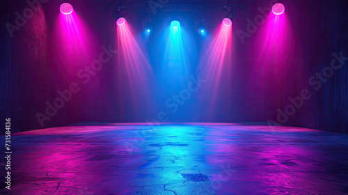 Free stage with lights and smoke, Empty stage with colorful spotlights, conser, show, party, Presentation concept. multi color spotlight strike on black backgroun, rainbow,purple red, blue, green