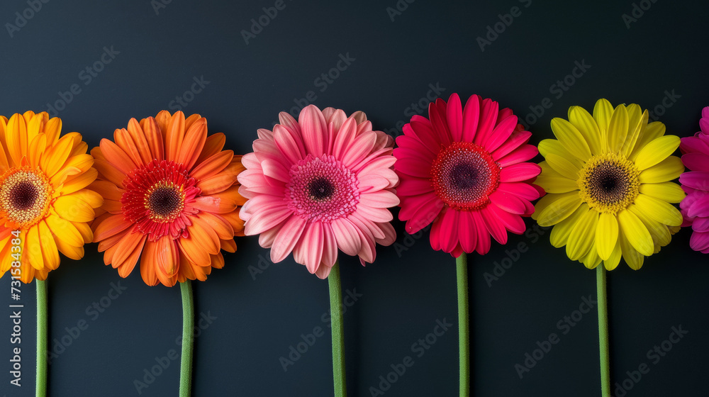 A Row of Colorful Gerberia Flowers on a Black Background A Row of Colorful Gerberia Flowers on a Black Background