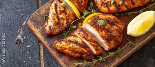 Sliced and whole grilled chicken breast with spice rub and lemon on a cutting board.