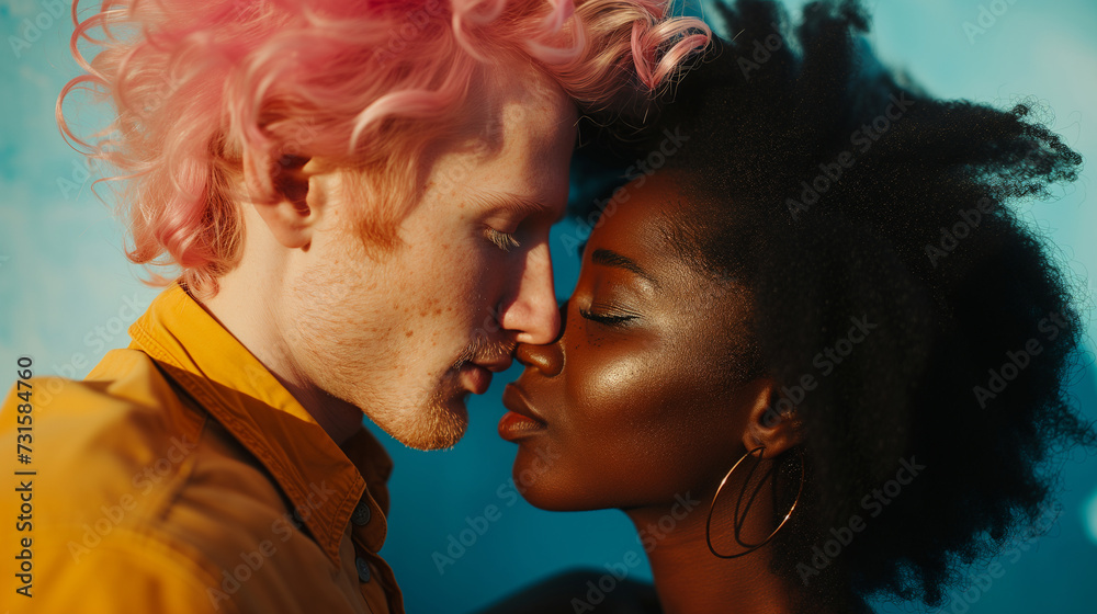Charming Fusion Close-Up View of a Young Mixed-Race Couple in a Loving Embrace Charming Fusion Close-Up View of a Young Mixed-Race Couple in a Loving Embrace
