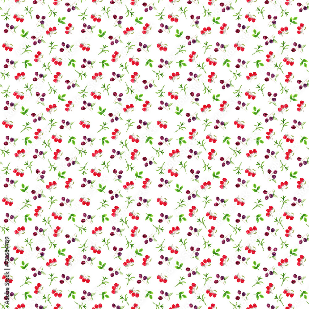 Watercolor seamless pattern with twigs, fruits and leaves of blackberries and raspberries Watercolor seamless pattern with twigs, fruits and leaves of blackberries and raspberries