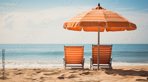 Beautiful tropical sunset scenery, two sun beds, loungers, umbrella under palm tree. White sand, sea view with horizon, colorful twilight sky, calmness and relaxation. Inspirational beach resort hotel