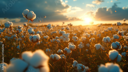 A Field Full of Cotton Plants With the Sun in the Background photo