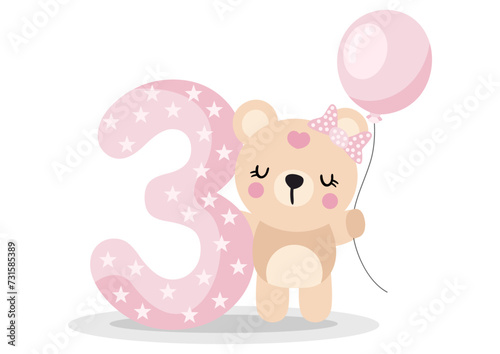 Cute teddy bear girl with balloon to celebrate happy 3st year or 3st month