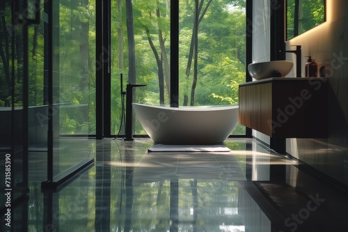 Modern White Marble Bathroom Design with Freestanding Bathtub © Nadzeya