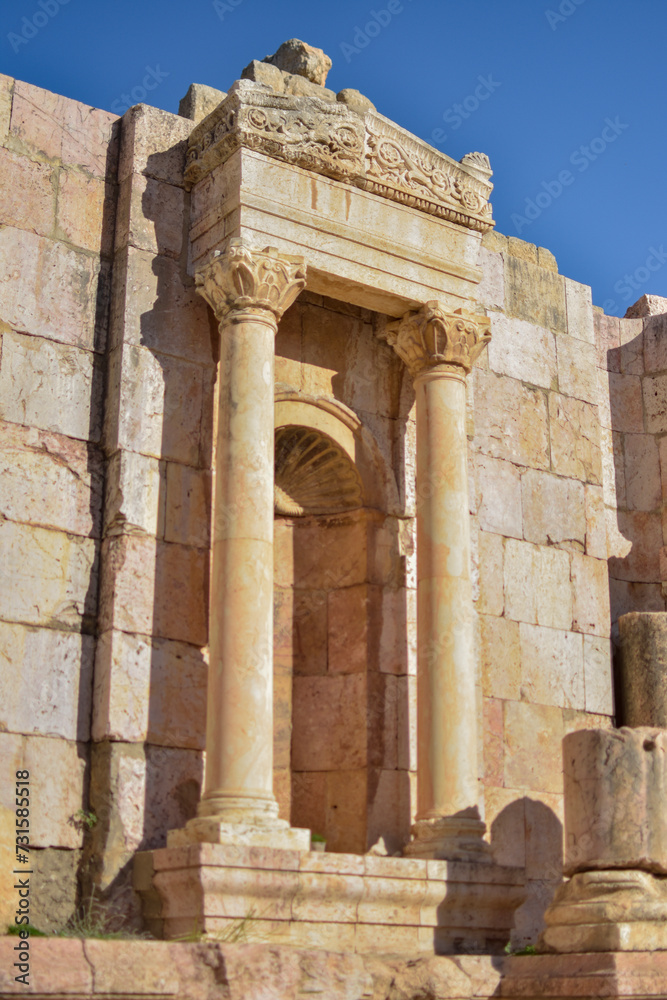 Roman ruins of the north theater in Jerash, Jerash archaeological site, Jordan.
