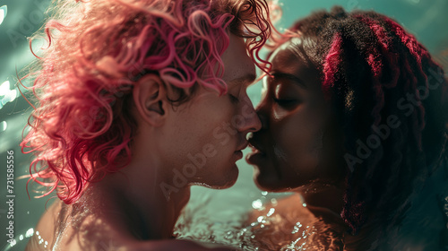 Cultural Connection Mixed-Race Couple with Colored Hair Expressing Love