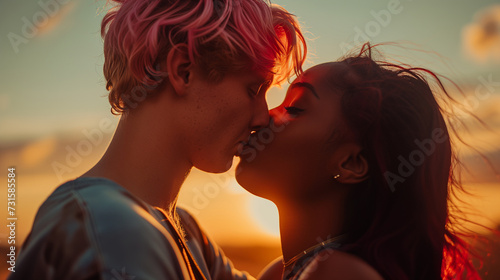 In the Car of Harmony Mixed-Race Couple with Colored Hair Cherishing a Kiss