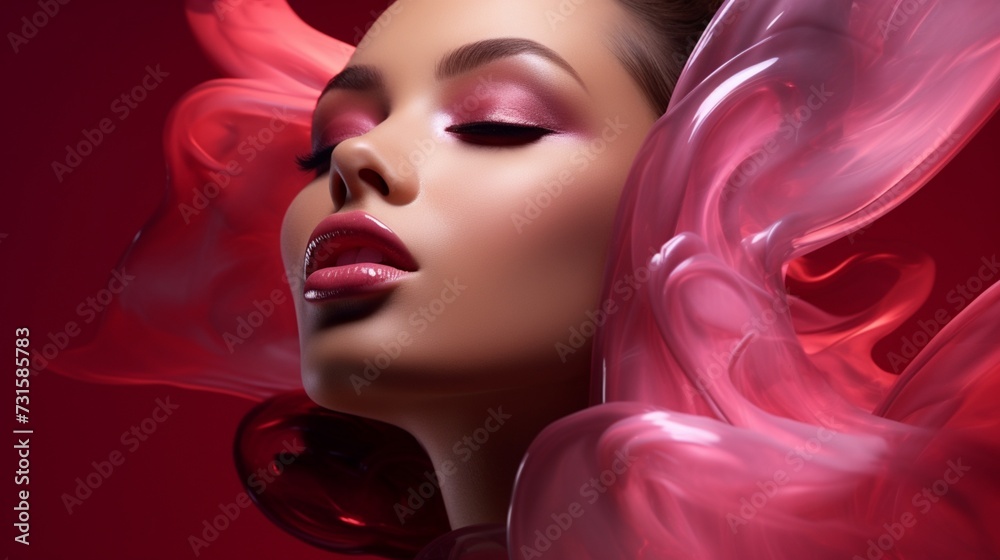 a high-resolution photo capturing a cosmetics model with a glossy lip shade, showcasing the product with an open area for additional design.