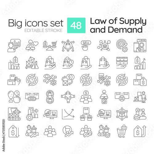 Microeconomics principles linear icons set. Law of supply and demand. Goods determined by supply and demand. Customizable thin line symbols. Isolated vector outline illustrations. Editable stroke