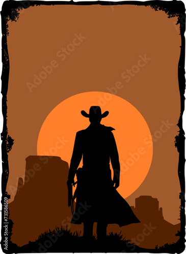 Vektor Silhouette Körper Cowboy mit Mantel, Waffe und Hut - Western Landschaft Arizona bei Sonnenuntergang - Kultur Amerika