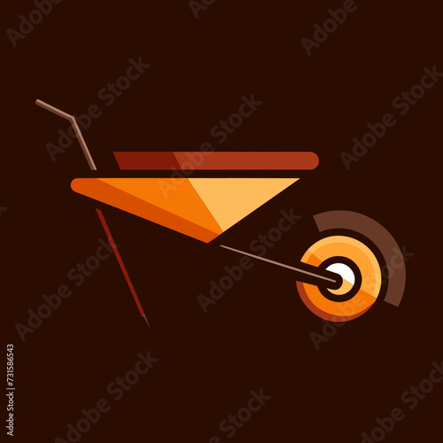Vector graphic of a brightly colored brown wheelbarrow in a cartoon style, commonly used in construction and gardening.