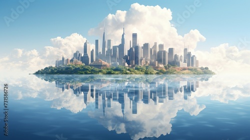 A double exposure of a city skyline and a floating island  representing the infinite possibilities of the imagination.