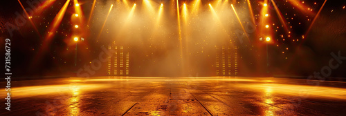 Free stage with lights and smoke  Empty stage with gold yellow spotlights  conser  show  party  Presentation concept.. orange spotlight strike on black background.banner design.empty gold podium stage