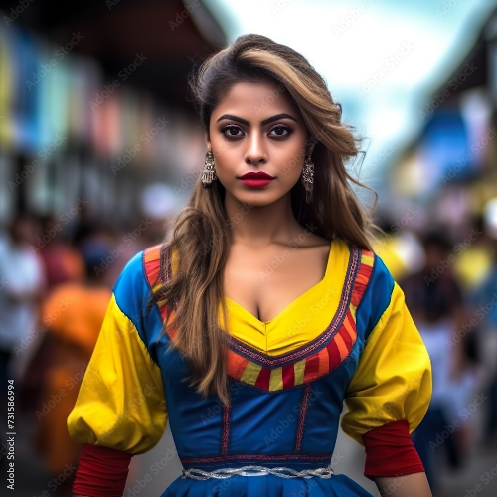 Beautiful woman in a traditional dress of national colors of colombia Beautiful woman in a traditional dress of national colors of colombia