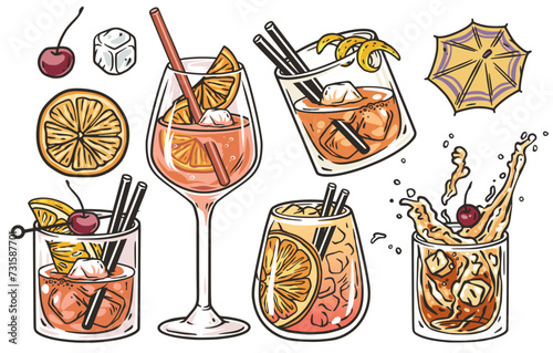 Negroni cocktail vector or old fashioned, whiskey, cognac with ice and slice of orange for cocktail bar or drink summer party. Brandy or whiskey alcohol cocktail for beach bar and cafe menu