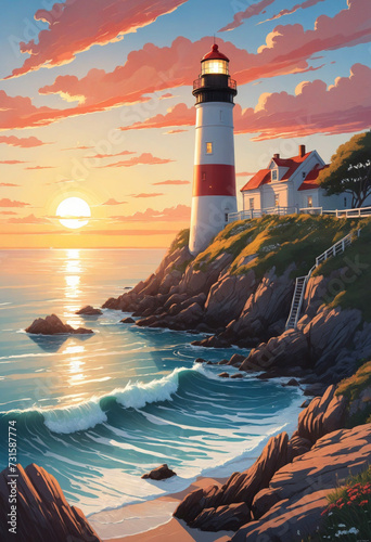 Lighthouse, beautiful sunset and sea, serene scenery