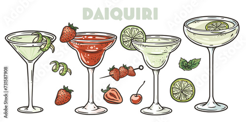 Martini or daiquiri cocktail vector set with strawberry and lime for cocktail bar or drink summer party. Margarita cocktail with rum, tequila for beach bar and cafe menu